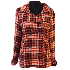 DOLLHOUSE HOUNDSTOOTH DOUBLE BREASTED COAT RED BLK WHT SIZE LARGE
